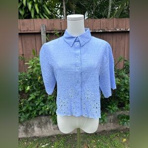 NWT Zara Blue Embroidered Eyelet Cropped Collared Shirt Size M
